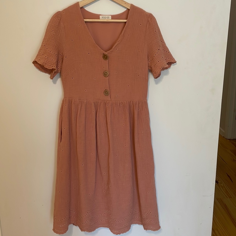Roolee Peach Pink Short Sleeve Dress with Pockets